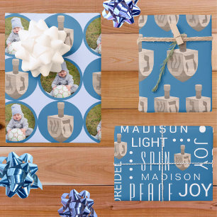 Dreidel Rustic Oak Schattige Blauw Foto Hanukkah Inpakpapier Vel