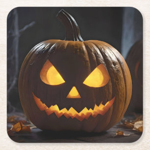 Dreigende Halloween pompoen, Vierkante Kartonnen Onderzetter