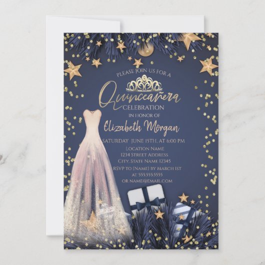Dress, Branches, Diamonds Navy Blue Quinceañera Kaart (Voorkant)