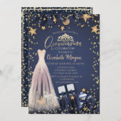 Dress, Branches, Diamonds Navy Blue Quinceañera Kaart (Voorkant / Achterkant)