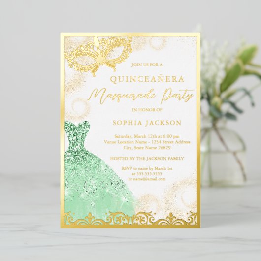 Dress Gold Green Masquerade Party Quinceanera Folie Uitnodiging (Staand Voorkant)