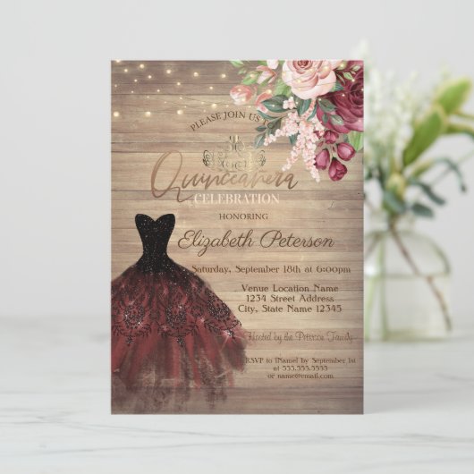 Dress, Tiara, String Lights Floral Wood Quinceañer Kaart (Staand voorkant)