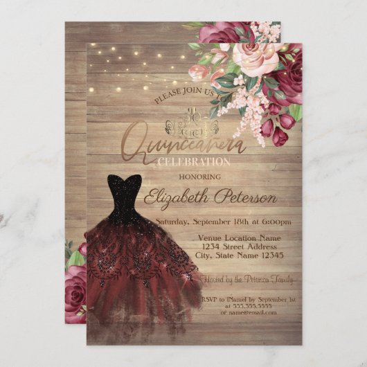 Dress, Tiara, String Lights Floral Wood Quinceañer Kaart (Voorkant / Achterkant)