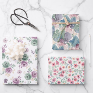 Drie Abstract Aquarel Teal Mauve Beige Patroon Inpakpapier Vel