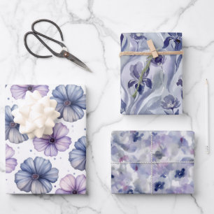 Drie Abstracte Bloemige Waterverf Lavendel Blauw Inpakpapier Vel