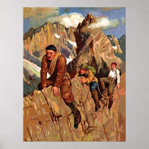 Drie alpinisten op de bergtop, grappige vintage poster
