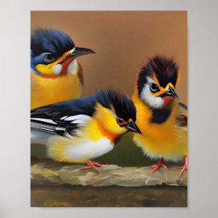 Drie baby vogels zitten op een tak poster