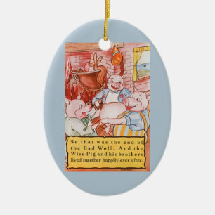Drie Biggetjes Koken Wolf, Antiek Sprookje Keramisch Ornament