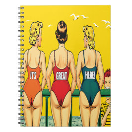 Drie bikinimeisjes van achteren met grappige tekst notitieboek