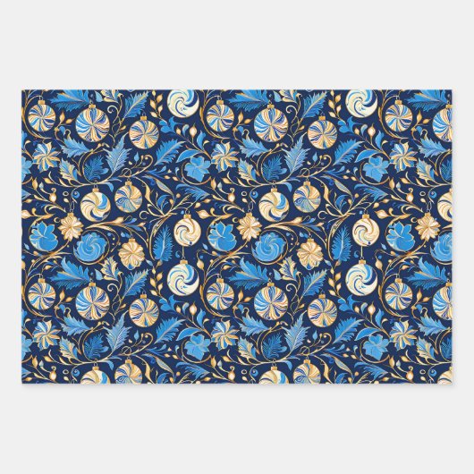 Drie blauw en gouden sierlijke Design Kerst Inpakpapier Vel (Voorkant 3)