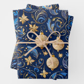 Drie blauw en gouden sierlijke Design Kerst Inpakpapier Vel (In situ)