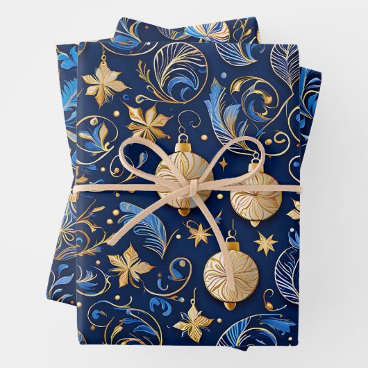 Drie blauw en gouden sierlijke Design Kerst Inpakpapier Vel (In situ)