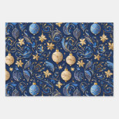 Drie blauw en gouden sierlijke Design Kerst Inpakpapier Vel (Voorkant)
