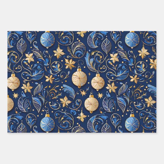 Drie blauw en gouden sierlijke Design Kerst Inpakpapier Vel (Voorkant)