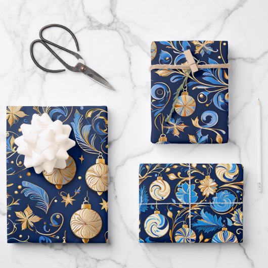 Drie blauw en gouden sierlijke Design Kerst Inpakpapier Vel (Voorkant)