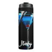 Drie blauwe cocktails met kersen op zwart thermosbeker (Voorkant)