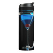 Drie blauwe cocktails met kersen op zwart thermosbeker (Gedraaid links)