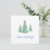 Drie blauwe groene Waterverf pijnbomen Feestdagenkaart (Staand voorkant)