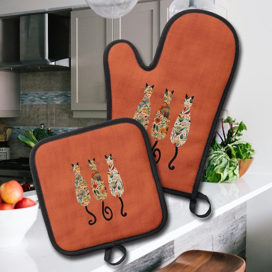 Drie Boho Katten Oranje Ovenwant & Pannenlap Set