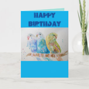 Drie Budgies Sitting Blue Budgie Waterverf Kaart