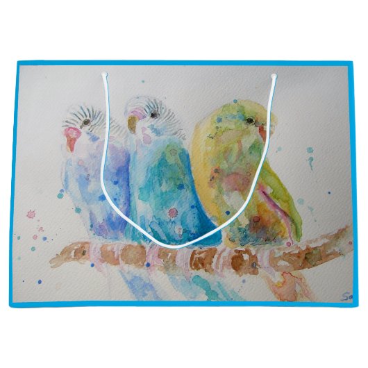 Drie Budgies Sitting Waterverf blue Gift Bag Groot Cadeauzakje (Voorkant)