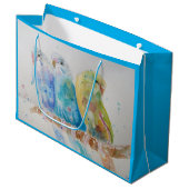 Drie Budgies Sitting Waterverf blue Gift Bag Groot Cadeauzakje (Voorkant Gekanteld)