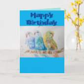 Drie Budgies Zittende Blauwe Budgie Waterverfkaart Kaart (Gele Bloem)