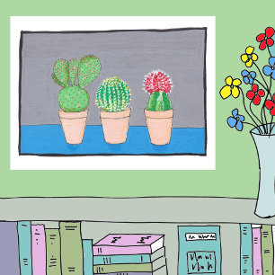 Drie cactussen in potten, schattige, naïeve kunst poster