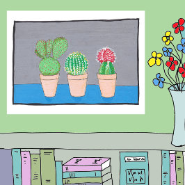 Drie cactussen in potten, schattige, naïeve kunst poster