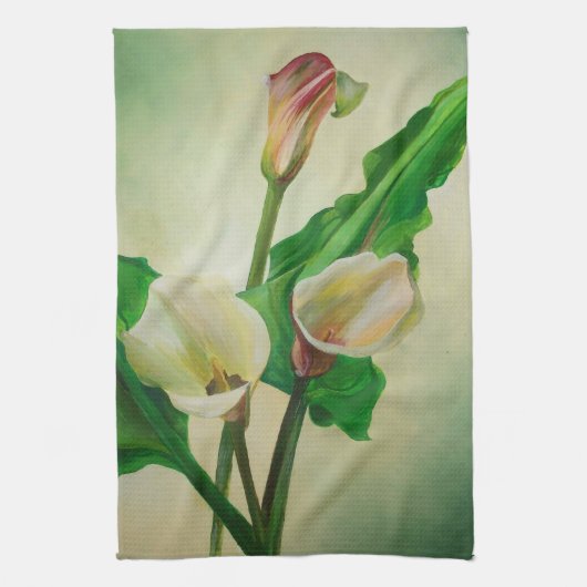 Drie Calla Lilies die botanisch acryl Theedoek (Verticaal)