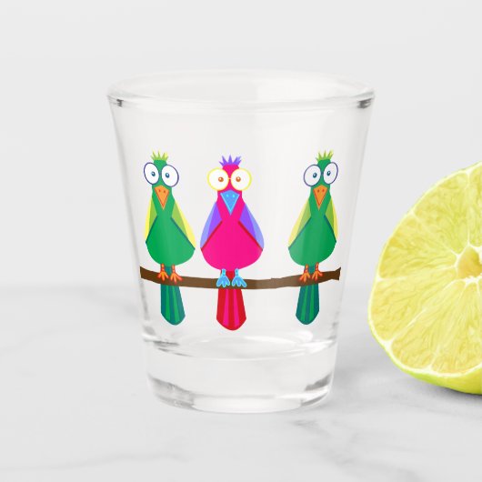 Drie cartoon parrots shot glas (Voorkant)