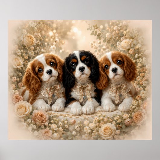 Drie Cavalier King Charles Spaniel Puppy's Samen Poster (Voorkant)