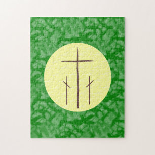 Drie christelijke kruisen Calvarie op groen geel Legpuzzel