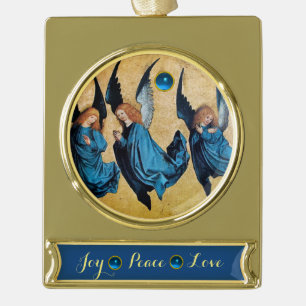 DRIE CHRISTMAS ANGELS IN BLUE/Joy Peace Love Verguld Banner Ornament