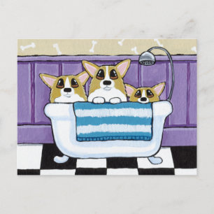 Drie Corgis in de Bathtub Briefkaart