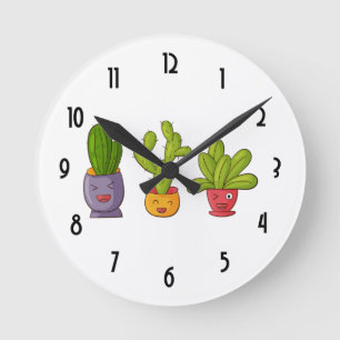 Drie Cute Cactus in Flower Pots Illustration Ronde Klok