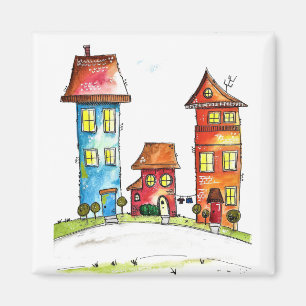 Drie Cute Whimsical-huizen Magneet
