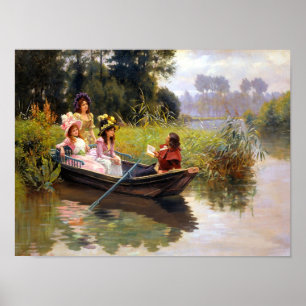 Drie dames en een man in een bootkunst poster