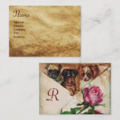 DRIE DOGGIEËN MET ROZEN, perkament, monogram Visitekaartje (Voorkant / Achterkant)