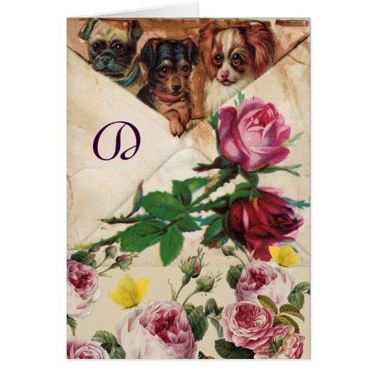 DRIE DOGGIEËN, ROZEN EN BUTTERFLIES MONOGRAM (Voorkant)
