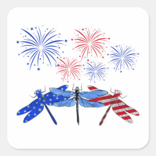 Drie Dragonfly American Flag Shirt 4 juli Vierkante Sticker