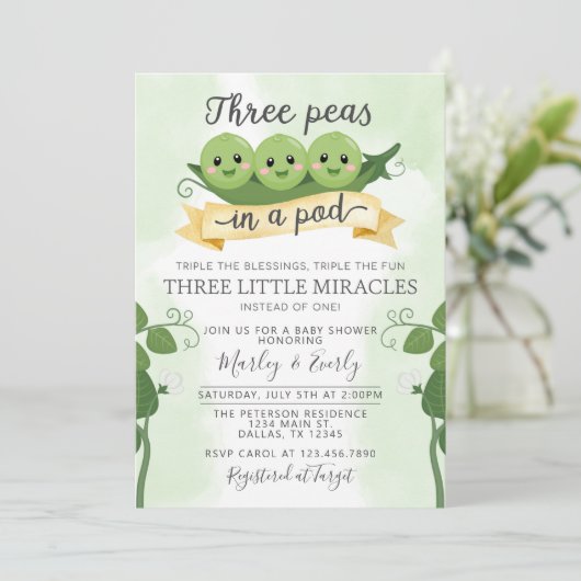 Drie erwten in een Pod Baby shower Invitation Trip Kaart (Staand voorkant)