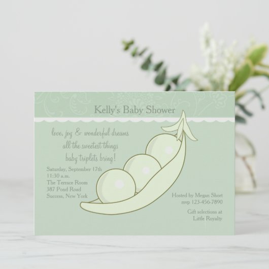 Drie erwten in een uitnodiging tot het Baby shower (Staand voorkant)