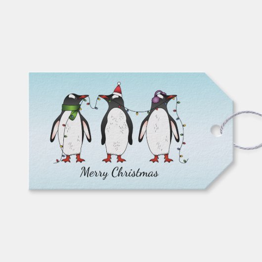 Drie feestelijke kerstpinguïns met aangepaste teks cadeaulabel (Voorkant (Horizontaal))