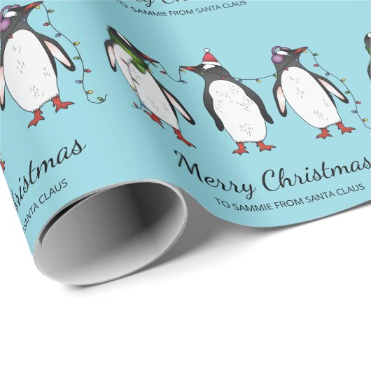 Drie feestelijke kerstpinguïns met aangepaste teks cadeaupapier (Rol Hoek)
