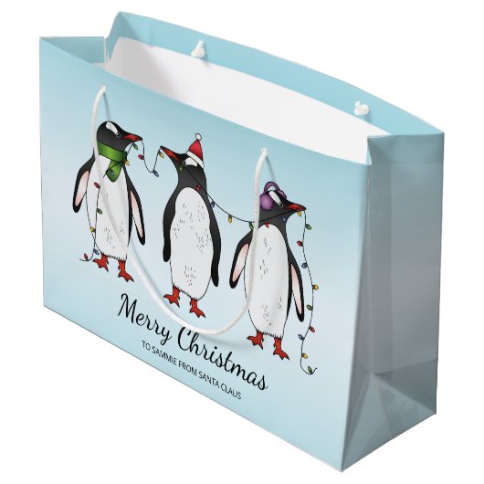Drie feestelijke kerstpinguïns met aangepaste teks groot cadeauzakje (Achterkant Gekanteld)
