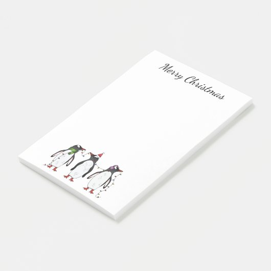Drie feestelijke kerstpinguïns met aangepaste teks post-it® notes (Schuin)