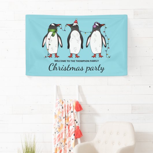 Drie feestelijke kerstpinguïns met aangepaste teks spandoek (Insitu)