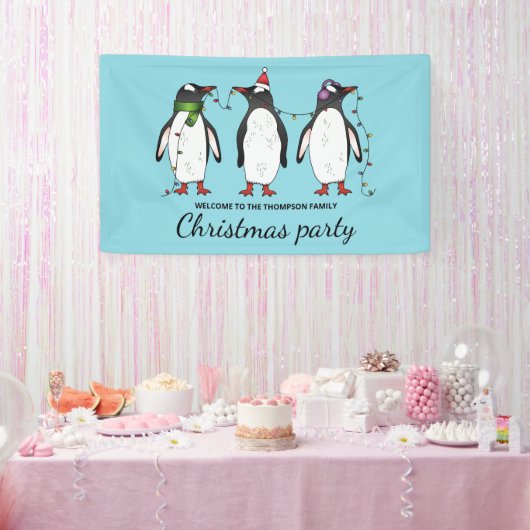 Drie feestelijke kerstpinguïns met aangepaste teks spandoek (Feest)