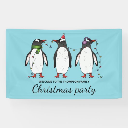 Drie feestelijke kerstpinguïns met aangepaste teks spandoek (Horizontaal)